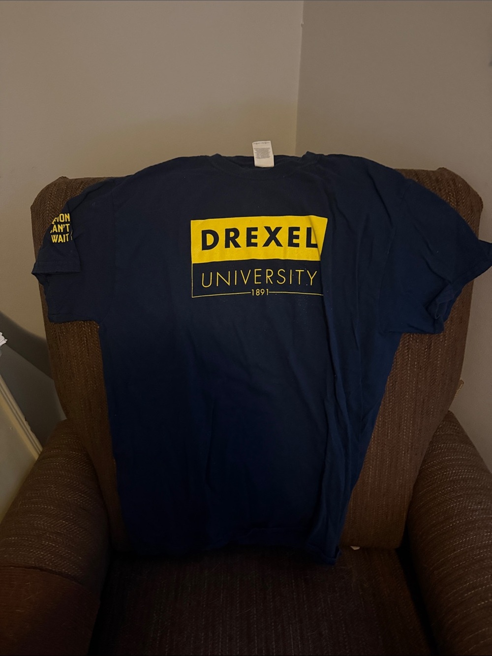 Gildan Navy Drexel University Short Sleeve Tee with Yellow Logo